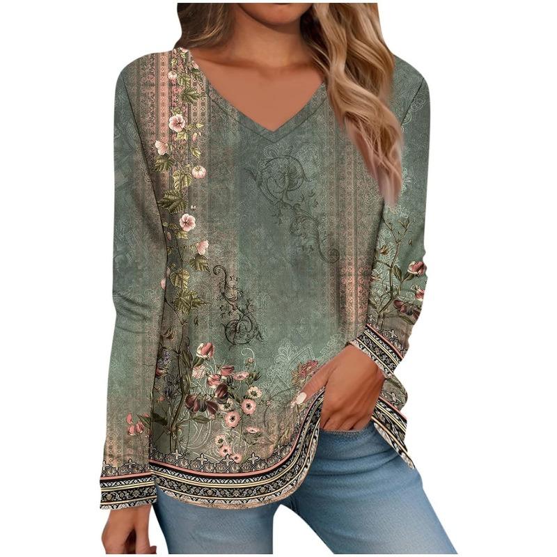 Womens Long Sleeve Tops V Neck Shirts Casual 3D Flower Print Basic Trendy Tee Blouses Fall Tunic Outfits Fitted T Shirts