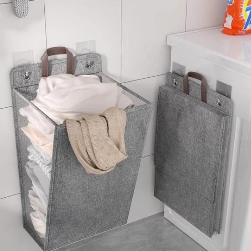 Household Laundry Basket Hamper Foldable Adhesive Multifunctional Punch Free Wall Hanging Washing Clothes Mesh Hook Organizer