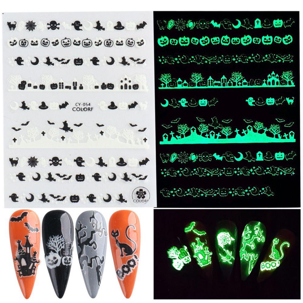 Adhesive Skull Pumpkin Spider Web Manicure Luminous 3D Halloween Nail Stickers Glow In The Dark