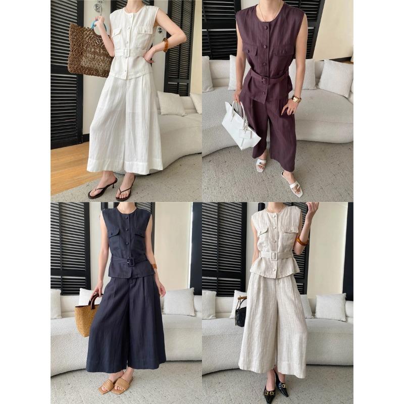 Sinan, high-intelligence wear, Tencel linen old money wind strap waist vest casual pants set SN9111