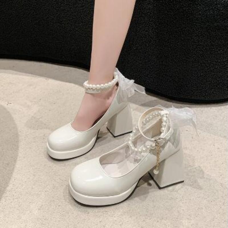 Женские элегантные черные модные туфли-лодочки на высоком каблуке с бантом и квадратным носком, свадебные туфли на толстом каблуке для свадебной вечеринки, жемчужные кружевные свадебные туфли для женщин