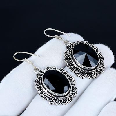 Серьги с драгоценным камнем черной шпинели, серьги из стерлингового серебра 925 пробы, серебряные серьги ручной работы для подарка, серьги-подвески с черной шпинелью для подарка на Новый год