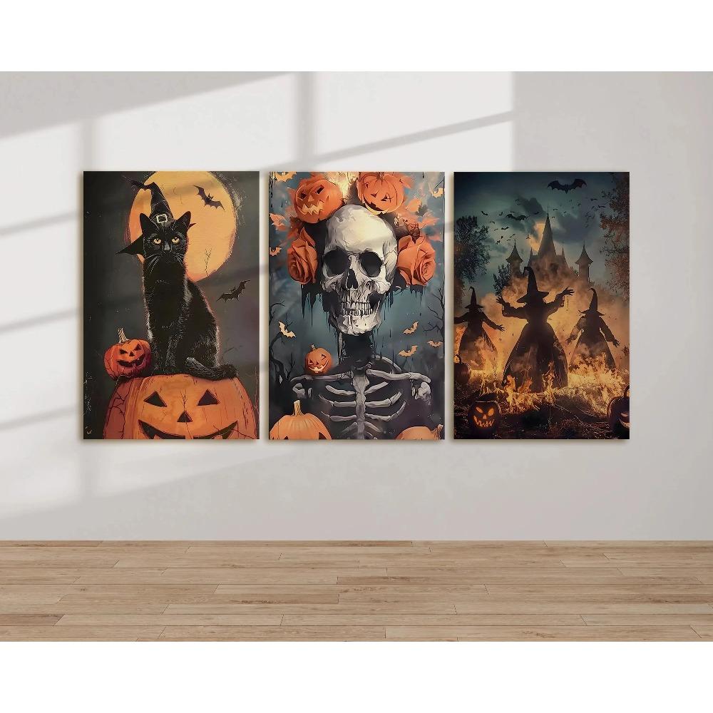 3Pcs Spooky Halloween Wall Art,Canvas Prints,Dark Moody Fall Season Wall Arts,Farmhouse Home Decor Halloween Holiday Party Gifts