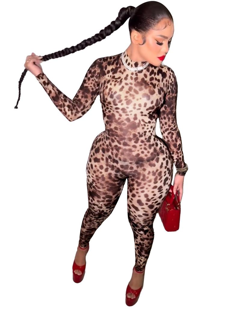 Leopard Print Zipper Jumpsuit - Trendy Euro-American Fashion for Women