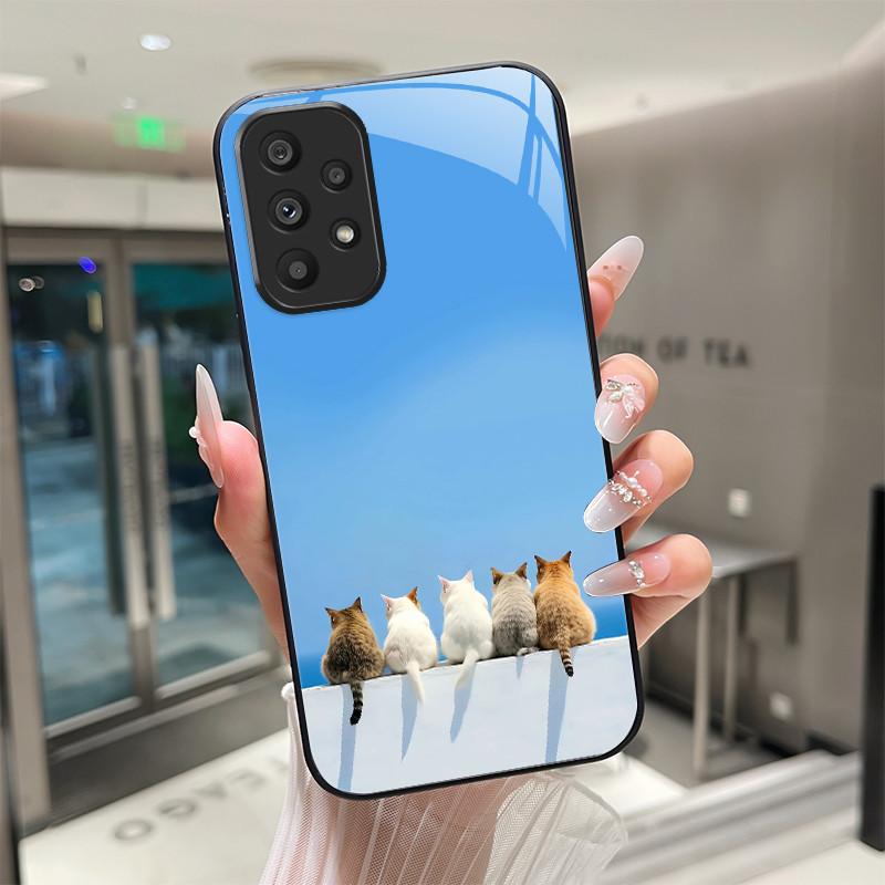 Cute Cartoon Cats Flower Case For Samsung Galaxy A52 A52S A72 4G 5G Tempered Glass Phone Case Protective Back Cover Hard Shell