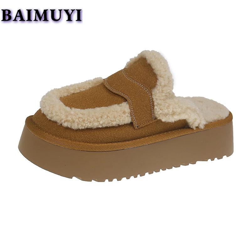 Туфли на плоской подошве из замши и хлопка, женские меховые тапочки, тренд 2025 года, зимние брендовые плюшевые шлепанцы, толстая подошва, пушистые, теплые, зимние, Botas Mujer