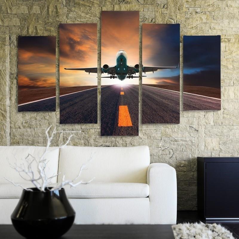 Five piece picture canvas print Sunset plane