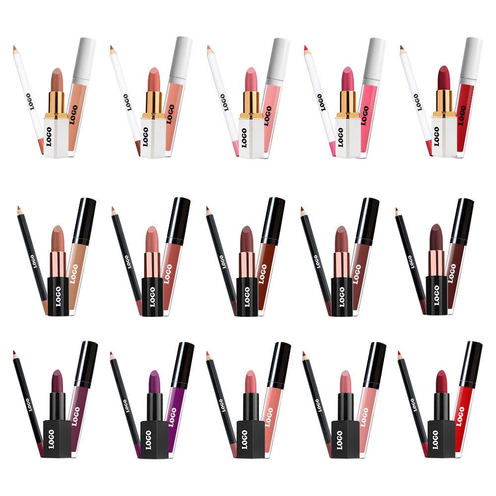 Набор матовых вельветовых помад для трансграничной торговли: Стойкий, не выцветающий набор из 3 предметов: блеск для губ, помада и карандаш для губ.