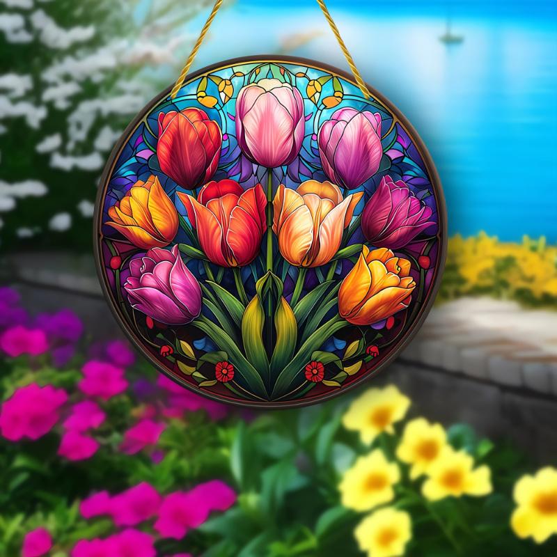 Разноцветные витражные тюльпаны, деревянный ловец солнца, круглый подвесной декор для дома и сада, идеальный подарок на день рождения матери