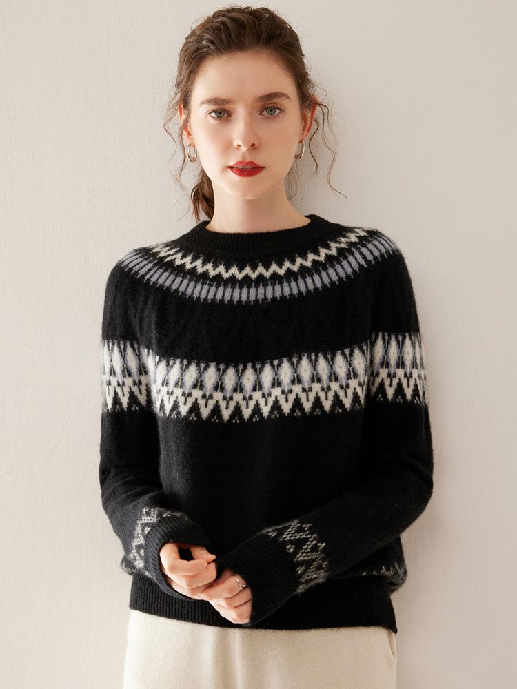 Женский кашемировый свитер жаккардовой вязки Fair Isle: Уникальный Color Block, Круглый вырез, Свободный крой, Утепленный трикотаж для Осени/Зимы.