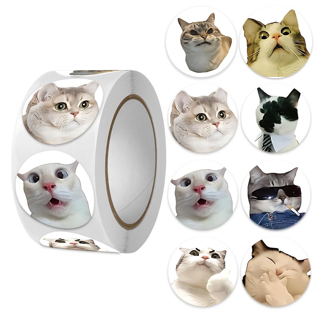 500pcs/roll Round Cat Funny Label Stickers for Packaging Phone Cases Suitcases Laptops Ins Hot Expression Stickers