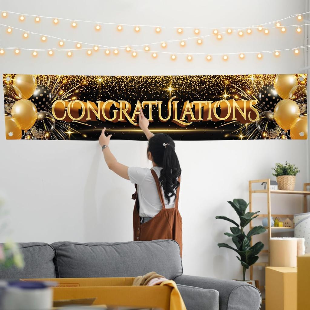Congratulations Decorations - We Are So Proud of You Banner - Well Done - Graduation Decorations for Prom - 6 x 1.3ft (Black and Gold)