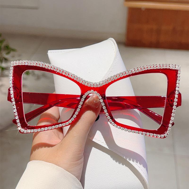 Trendy Retro Oversize Cat Eye Frame Women Crystal Shiny Decor Glasses Blue Light Blocking Ins Brand Design Eyewear