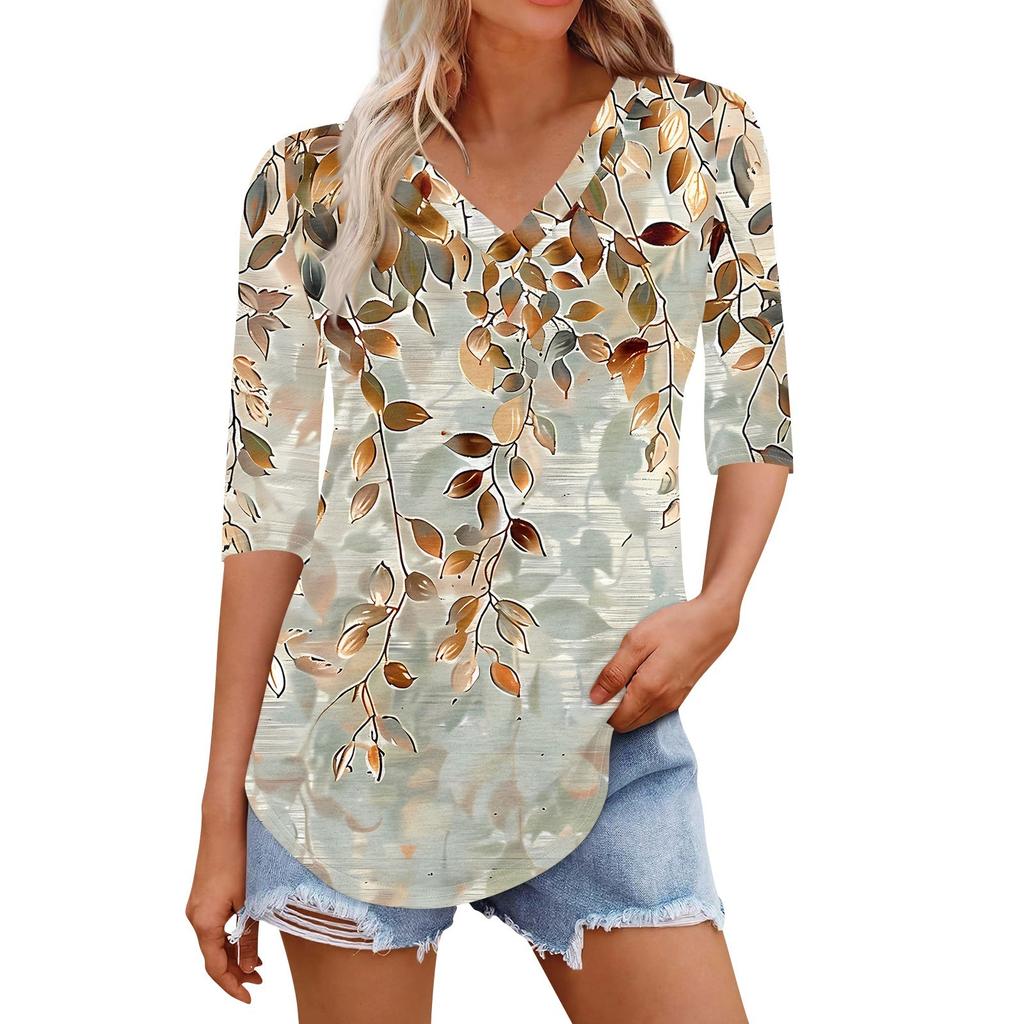Рубашки для женщин Модные футболки с V-образным вырезом Повседневные блузки с принтом Топы с коротким рукавом для женщин