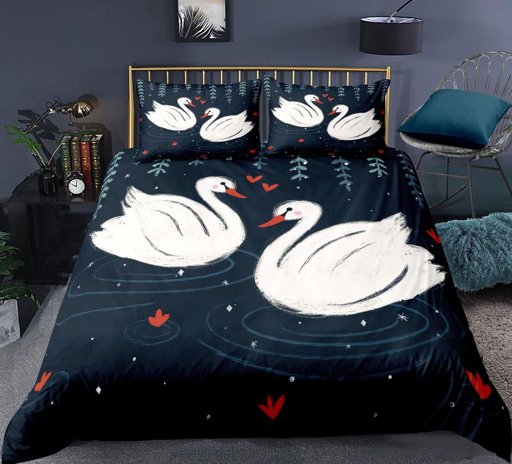Swan Duvet Cover Set Rose Crown Comforter Cover Polyester Bedding Set Sweet Girl Romantic Quilt Cover Pink Red King Twin Size