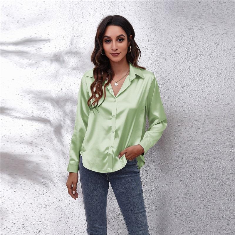 Women's Satin Blouse Long Sleeve V Neck Casual Button Down Shirt