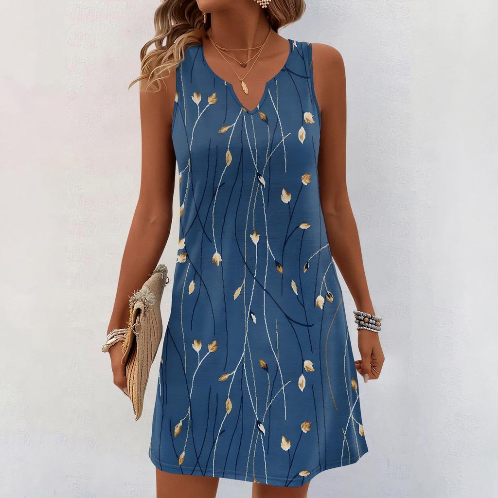 Женские летние платья с V-образным вырезом и принтом без рукавов Сарафан Повседневное платье
