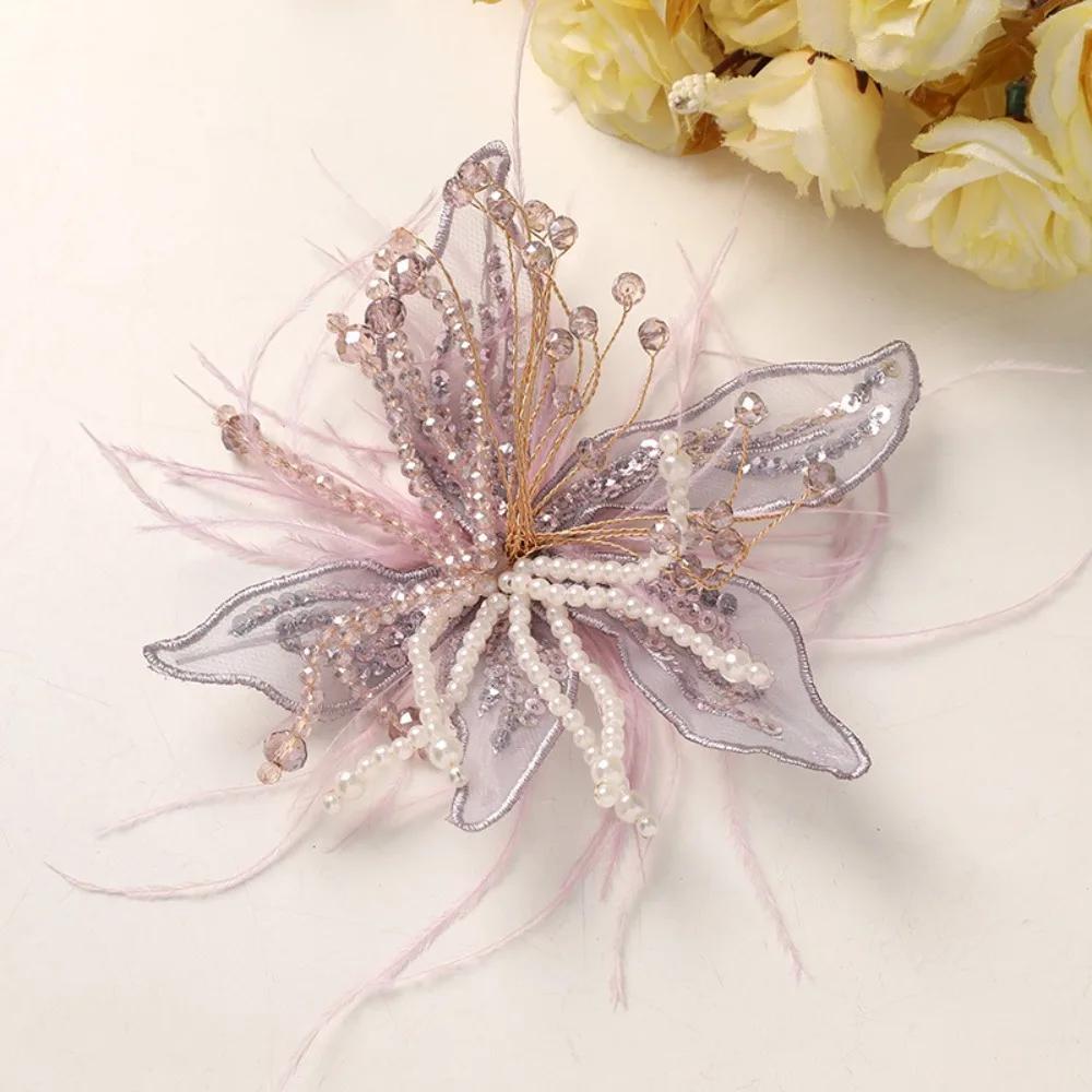 Ethereal Feather Pearl 3D Organza Flower Patch Crystal Flower Twisted Wire Studded Patch Handmade Lace Applique Decorative Dress