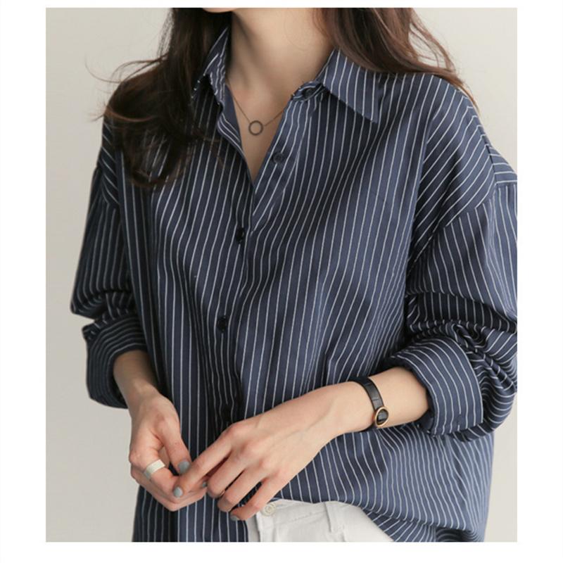 Женская синяя рубашка в стиле BF с отложным воротником, белый топ средней длины с длинными рукавами, однобортная осенняя свободная блузка в полоску в стиле ретро