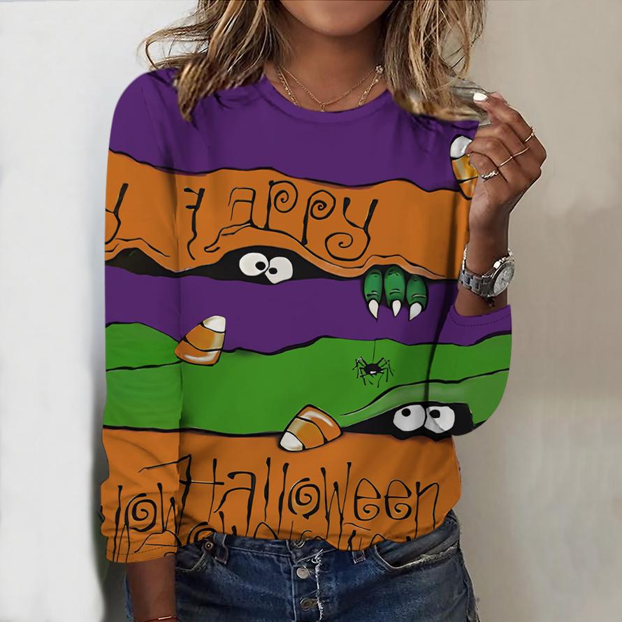 2025 Autumn & Winter Women's New Casual Crew Neck Long Sleeve Top 3D Halloween Pattern Ideal Halloween Christmas Gift