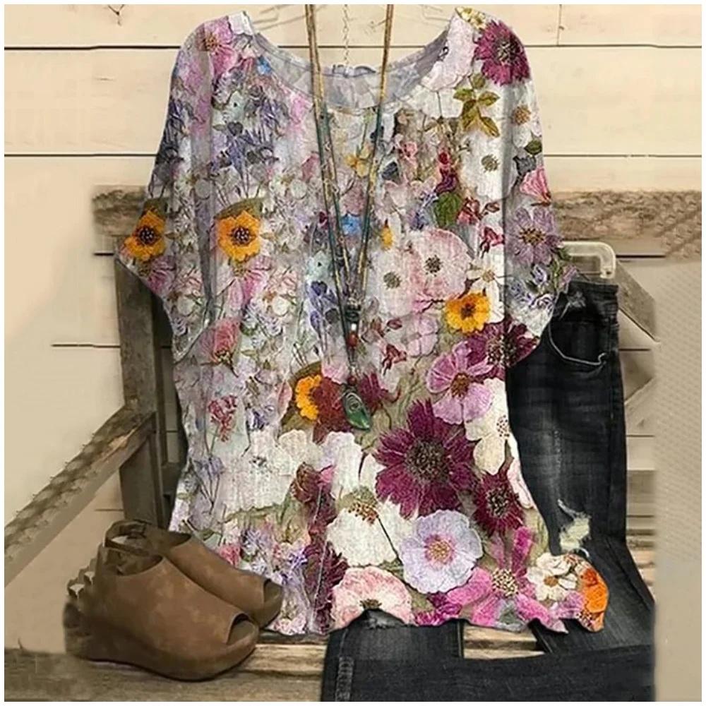 Женские футболки с круглым вырезом, ретро-цветочные принты, повседневные пуловеры, свободные футболки с короткими рукавами, женская модная одежда на лето