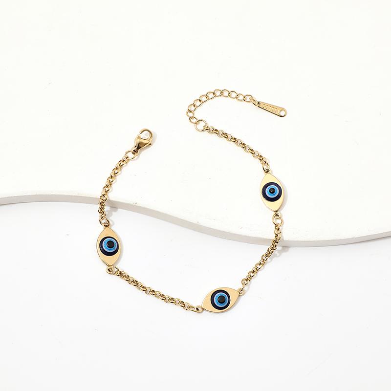 Navy Blue Eye Charm Classic Party Bracelet Spaced Bead Gold Chain Lobster Extender Dainty Spiritual Stainless Steel Unisex