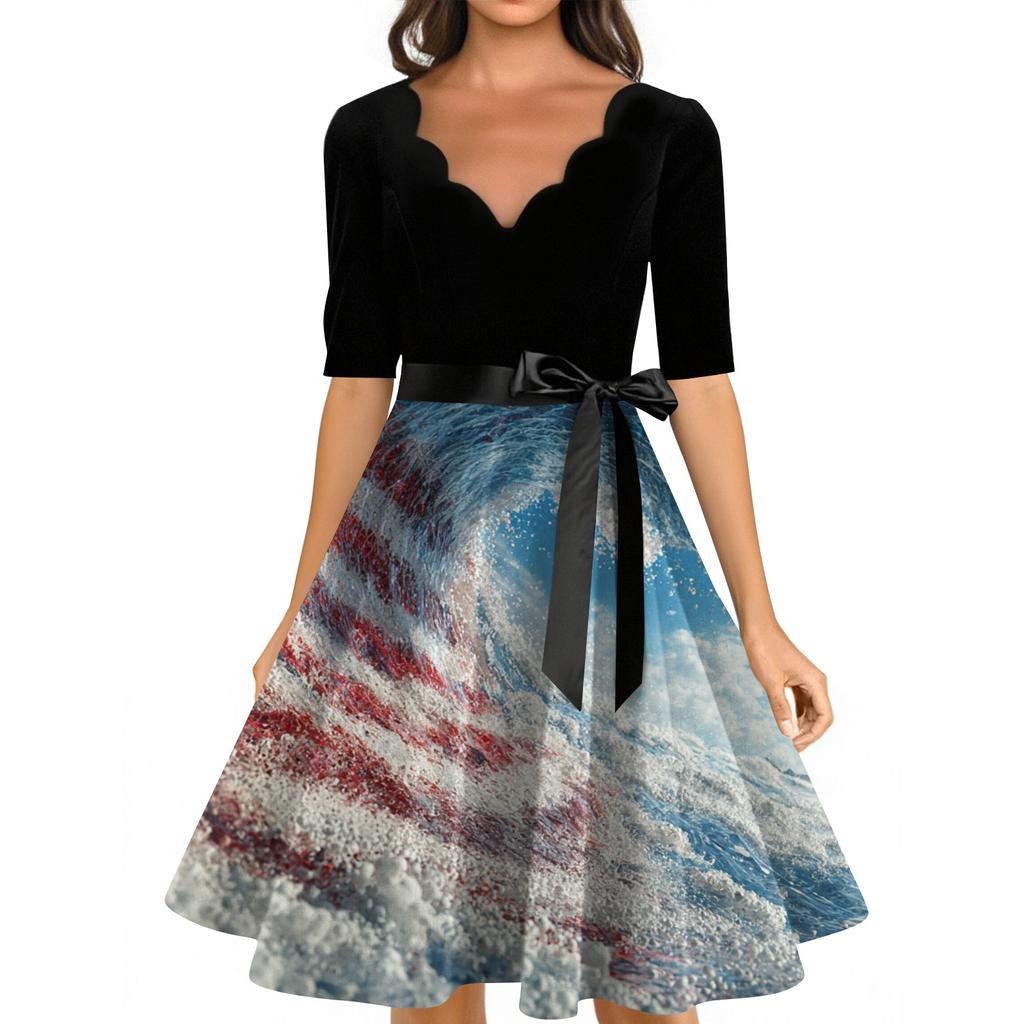 Women's Casual Fashion V-neck Retro Short-sleeved Dress With Flag Independence Day Print