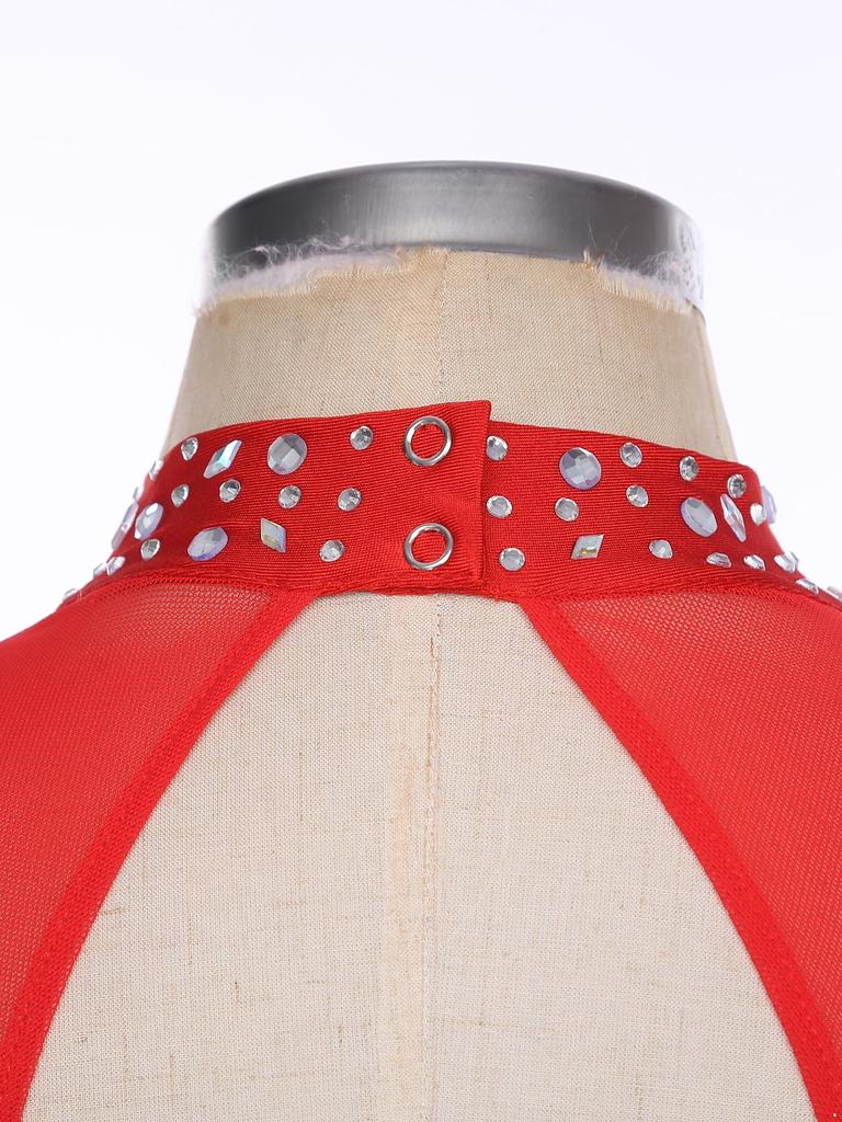 Womens Sparkly Latin Dance Wear Rhinestone Applique Sleeveless Back Hollow Skirted Leotard Gymnastics Bodysuit