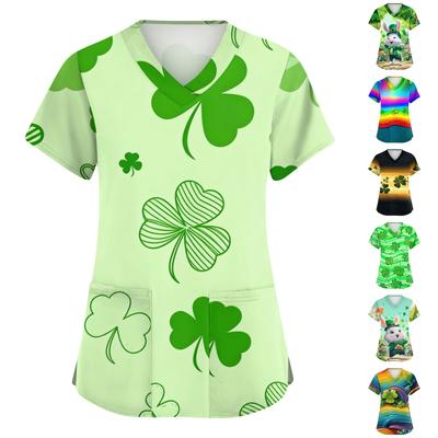 Женская мода с v-образным вырезом, короткими рукавами и карманами, топы с принтом