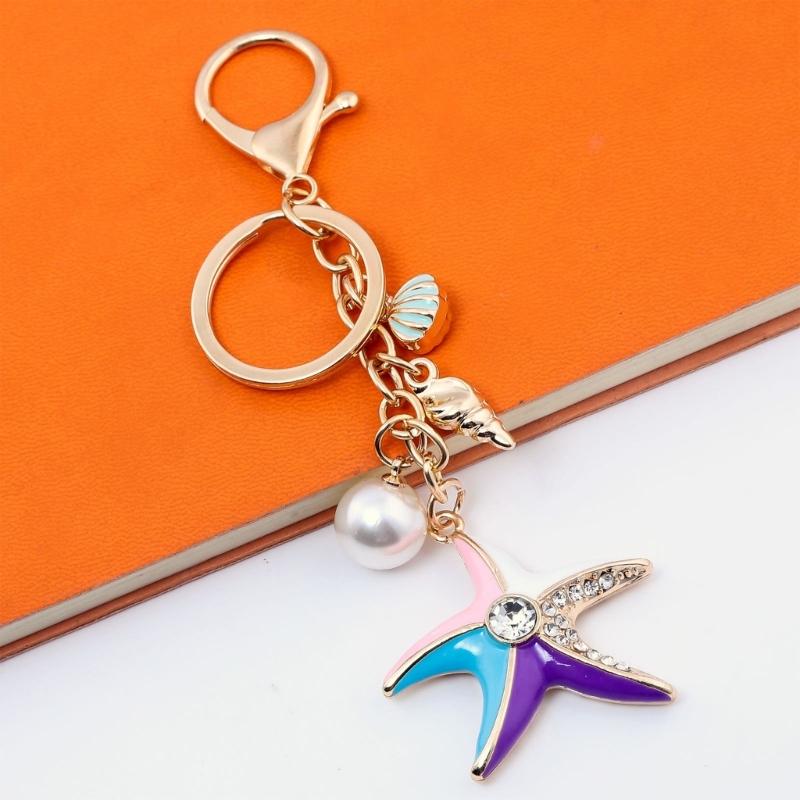Jewelry Charm Keychain Rhinestones Encrusted Starfish and Conch Shell Pendant Keyring Handbag Accessories for Women