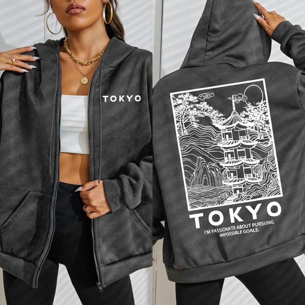 Токио Креативное Здание Дизайн Письма Сакура Женское Худи на Молнии Уличная Одежда Повседневное Свободное Худи Осенний Топ