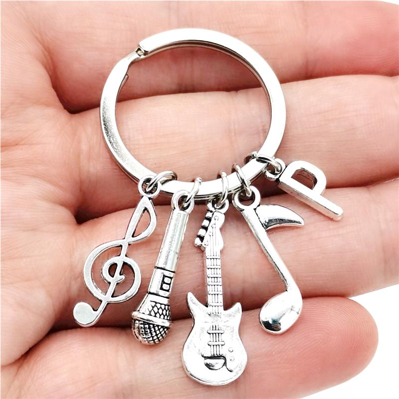 26 Letters Music Keychain Music Note Guitar Pendant Key Chain Microphone Keyring Creative Jewelry Gifts