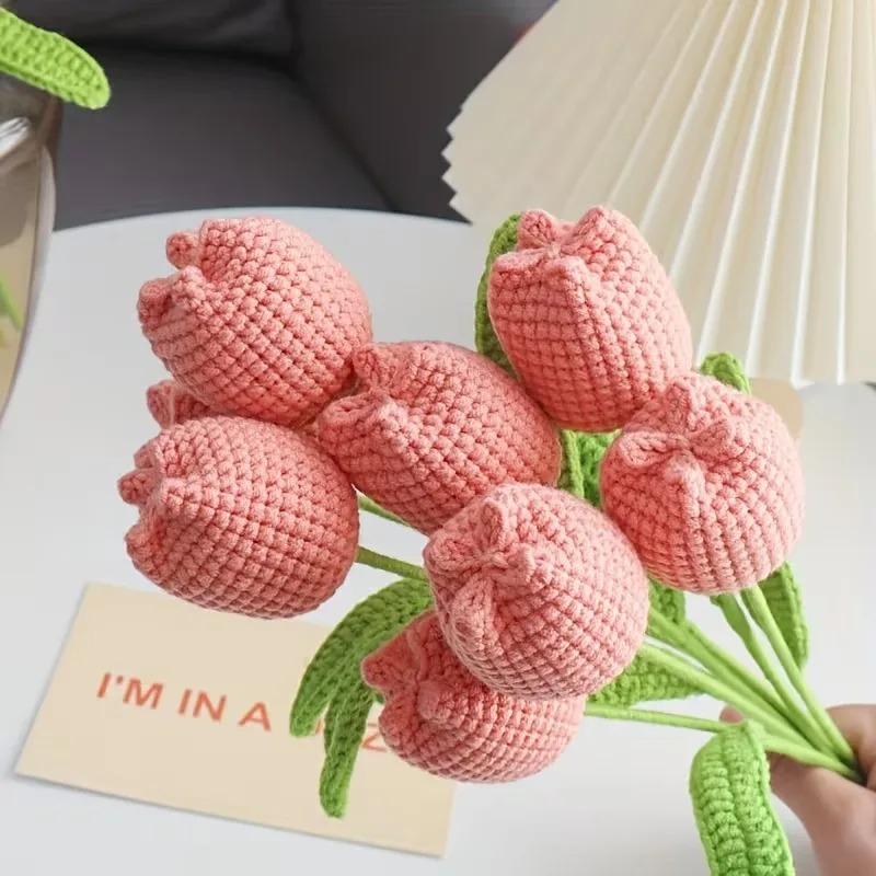 Handmade Crochet Tulip Bouquet Artificial Flower DIY Gift for Mother Teacher BirthdayGraduation Valentine Home Decor Accessories