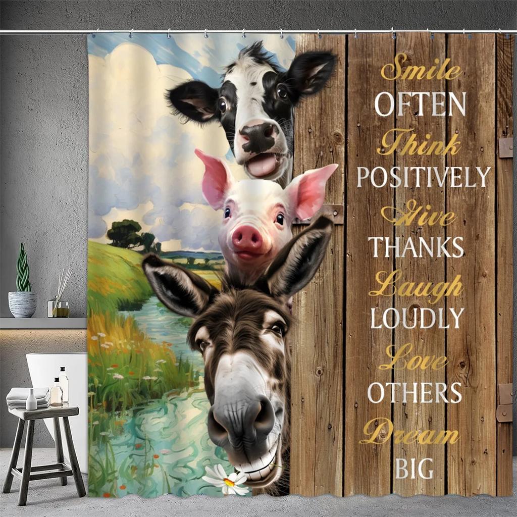 Farm Animal Shower Curtain, Oil Painting Farmhouse Barn Door Donkey Cow Pig Sunflower Spring Bathtub Partition Bathroom Decor