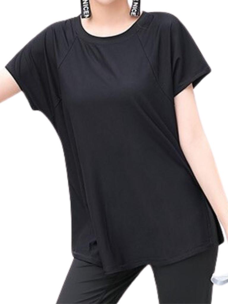 VEROMAN Yoga Long Short Loose Women's Top, Body-Contouring T-Shirt, Length, Sleeve, Fit, Ppi-ssd038 (Black, M)