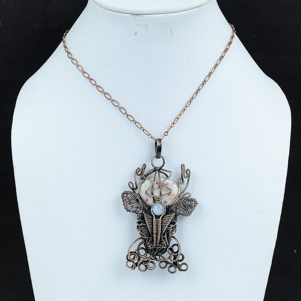 Подвеска из киновари, подвеска из медной проволоки с драгоценным камнем, подвеска из радужного лунного камня, подвеска ручной работы в виде морды оленя, медные украшения, подарки на помолвку