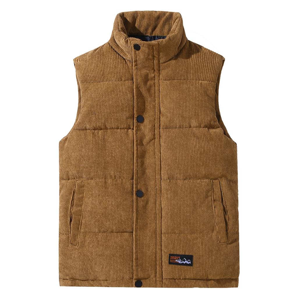 Men's Casual Solid-color Down And Cotton Button Vest Men's Stand-up Collar Corduroy Sleeveless Vest Jacket