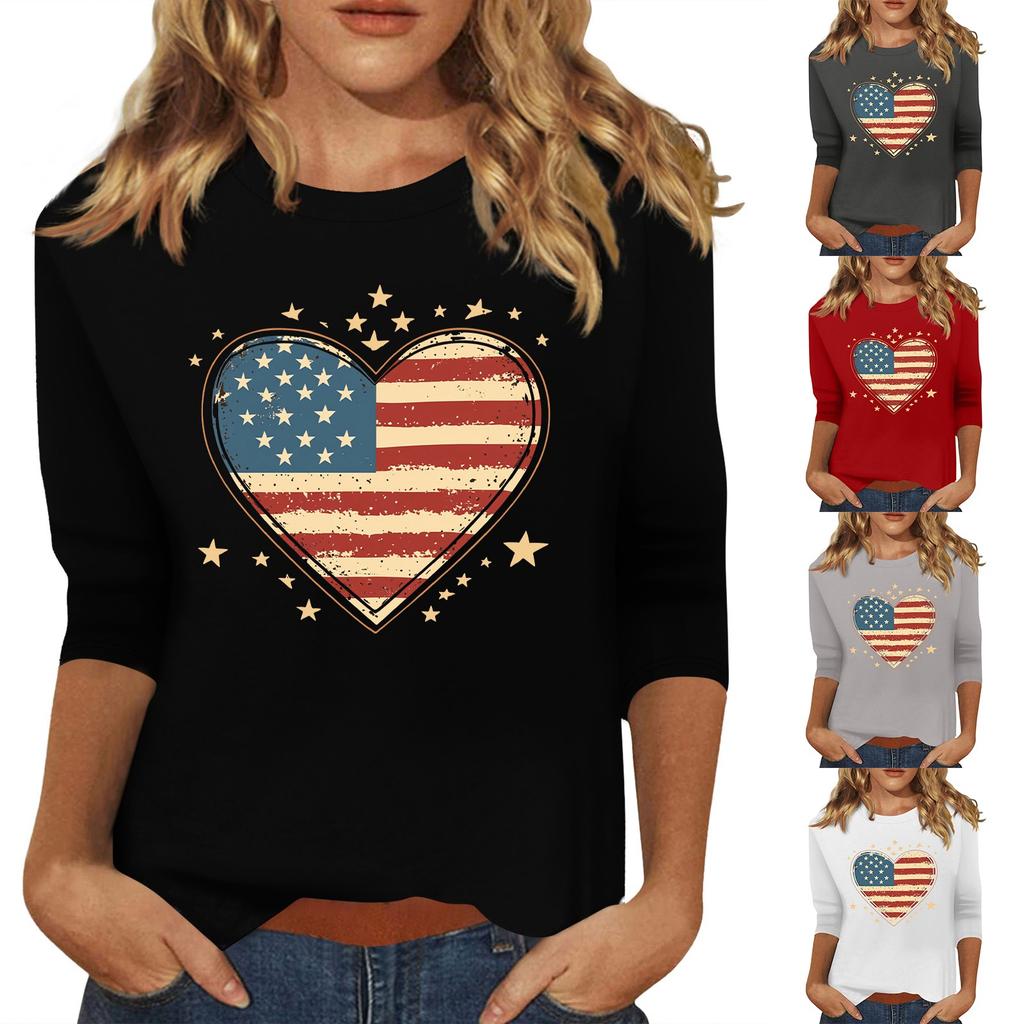 Women's Fashion Casual Round Neck 3/4 Sleeve Loose Independence Day Printed T-Shirt Ladies Top
