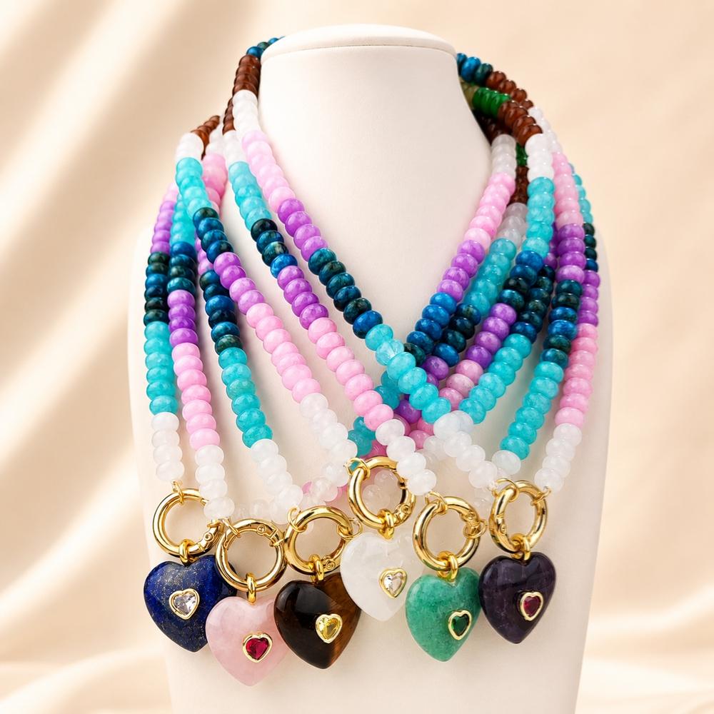 Trendy Summer Dopamine Colorful Heart Charm with Zircon Handmade Beaded Natural Stone 18K Gold Plated Necklace Gift for Women