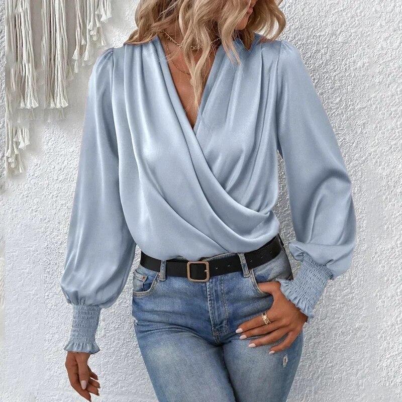 Elegant Pleated Loose Shirt Female Lantern Sleeve Women Pullover Blouse Cross V-neck Simple Solid Shirts Casual Tops Mujer 29658