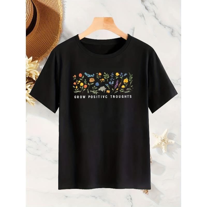 Women's Round Neck Short Sleeve T-Shirt Vibrant Wildflower Print Positive Thinking Growth Pattern Casual All-Season Top
