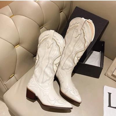 Осень-зима женские ковбойские сапоги модные вышитые женские сапоги с острым носком женские рыцарские сапоги большого размера Botas Mujer