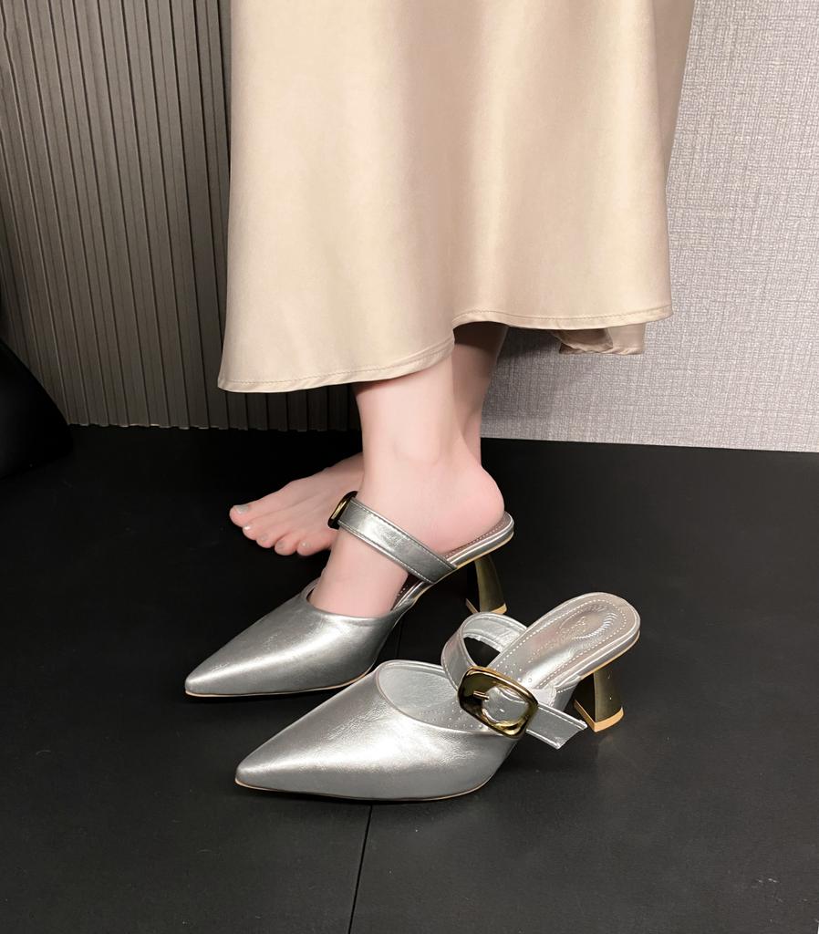 2025 Summer New Temperament Pointed Versatile Metal Buckle Thick Heel Versatile Simple Mature Bag Head High Heel Slippers