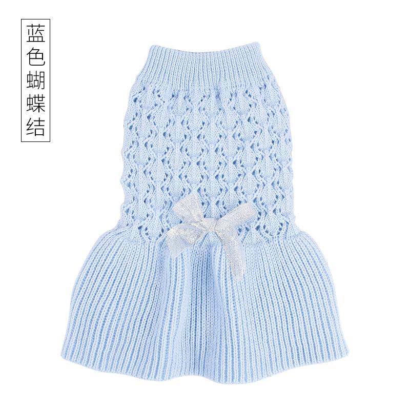Вязаное платье с бантом для домашних животных, одежда для кошек, одежда для щенков на осень/зиму, акриловое однотонное платье с капюшоном для маленьких собак, свитер с низом