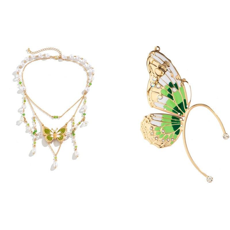 2Pcs Kpop Multilayer Lovely Butterfly Pendant Tassel Necklace Clip Earrings for Women Wed Bridal Exquisite Chain Y2K Jewelry Set
