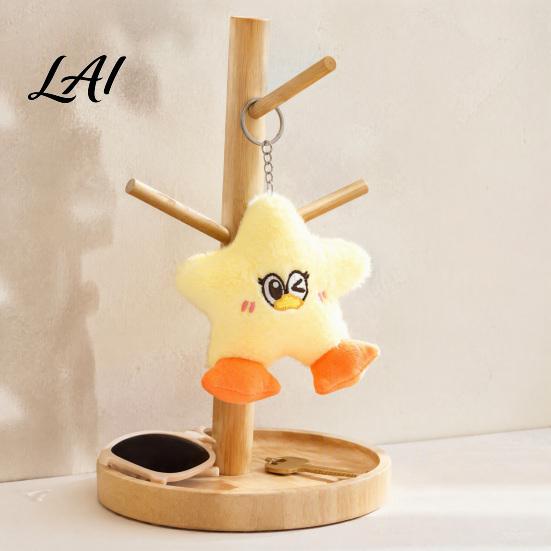 Portable Plush Pendant with Metal Ring Star Duck Keychain Soft Stuffed Animal Embroidered Face Small Toy for Handbags Cute Cartoon Bag Charm