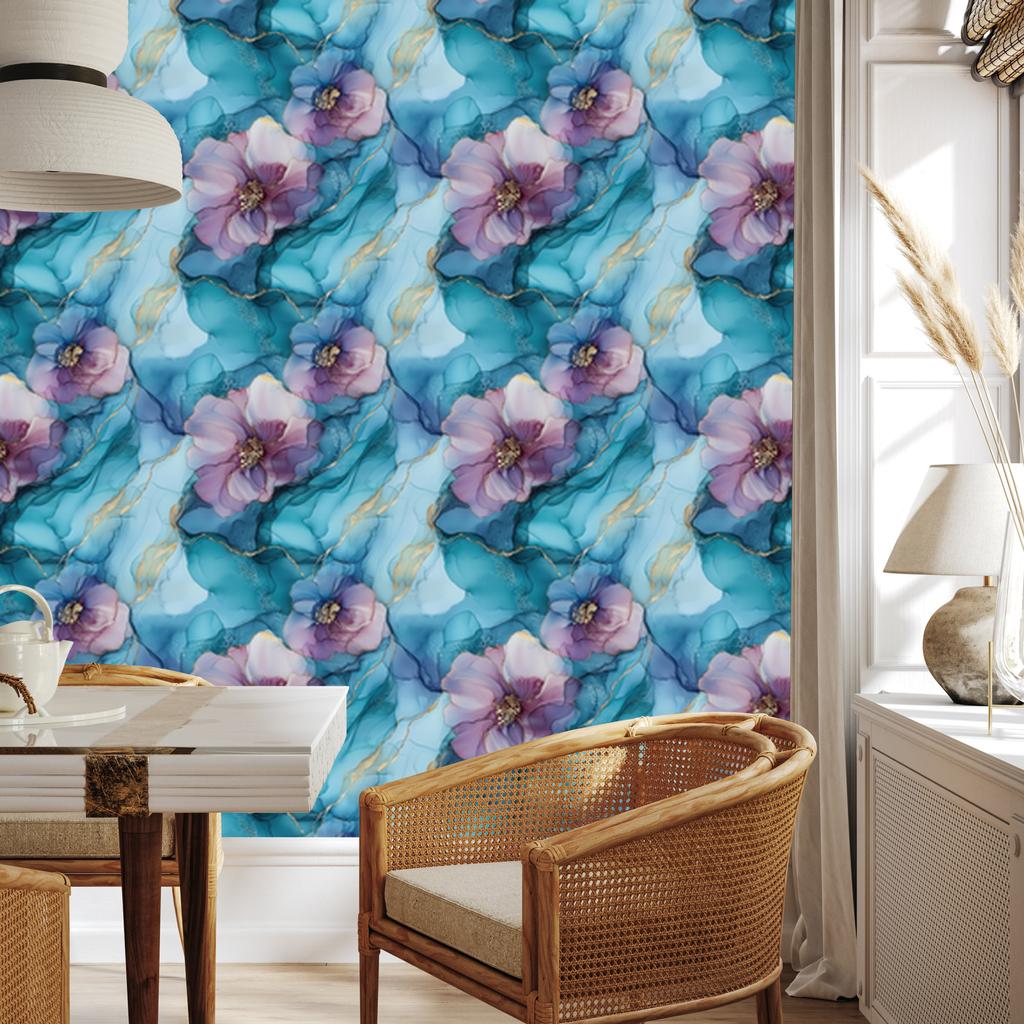 Ink wallpaper turquoise, blue, purple and celadon 50x1000
