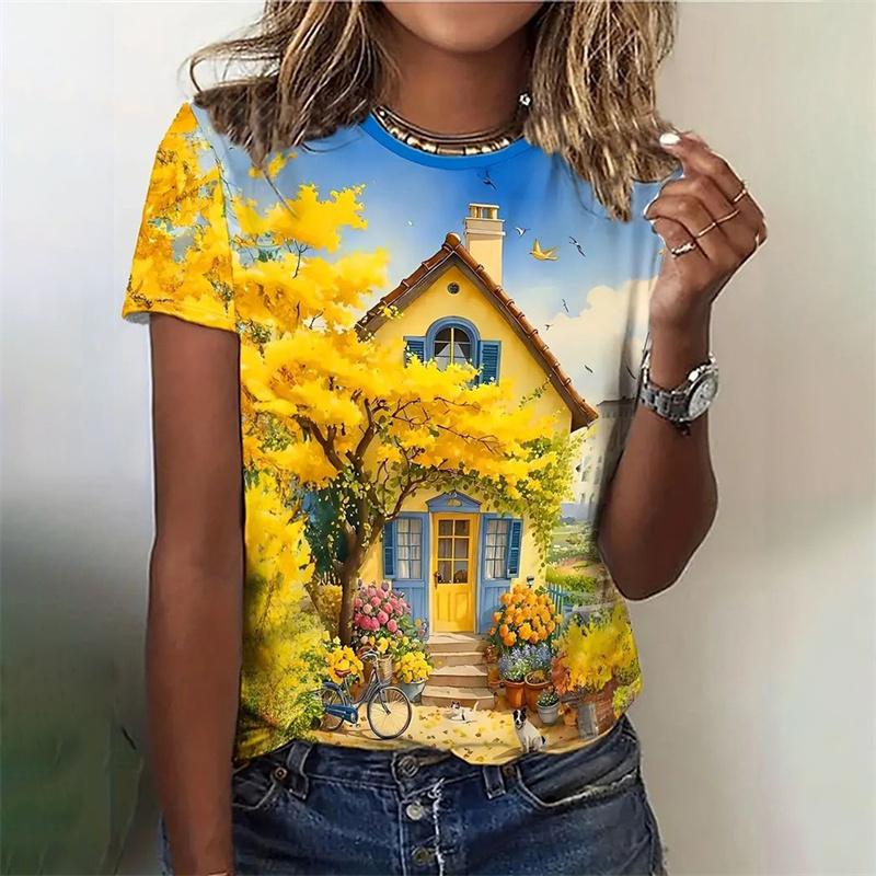 Летний топ с круглым вырезом и 3D-принтом в виде мультяшного здания, модная повседневная женская футболка с коротким рукавом