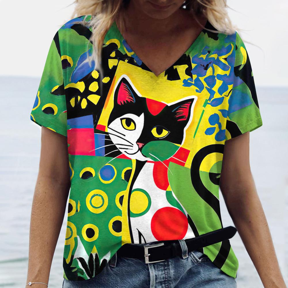 Летние женские футболки с мультяшным котом, винтажные топы с коротким рукавом, футболки с V-образным вырезом для девочек, женская одежда, свободный свитер