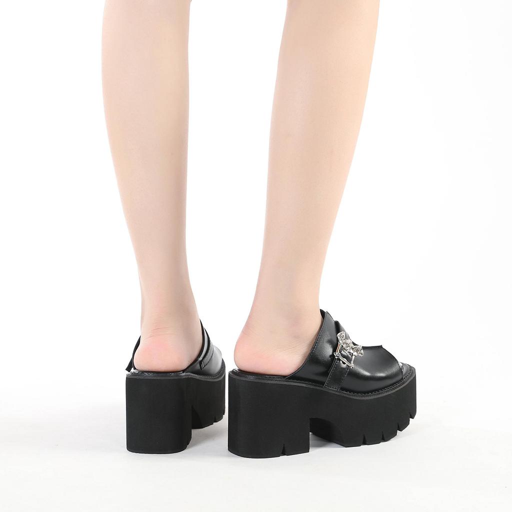 Gdgydh Готические сандалии-мюли с пряжкой в виде летучей мыши для женщин, на каблуке, с открытым носком, на толстой платформе, летняя обувь, слинги, большой размер, черные, слипоны